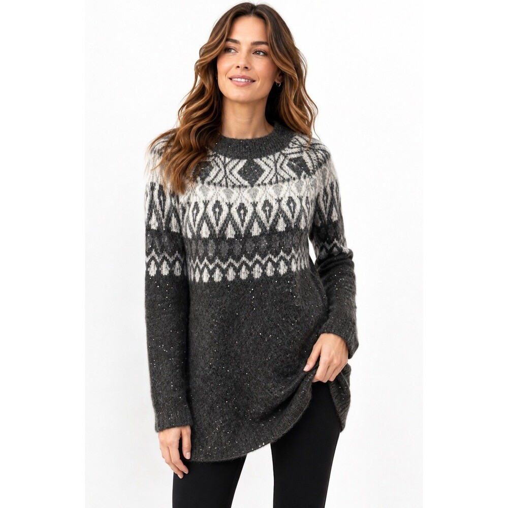 Soft Surroundings Fair Isle Sequin Tunic Sweater Charcoal Gray Ivory Size S